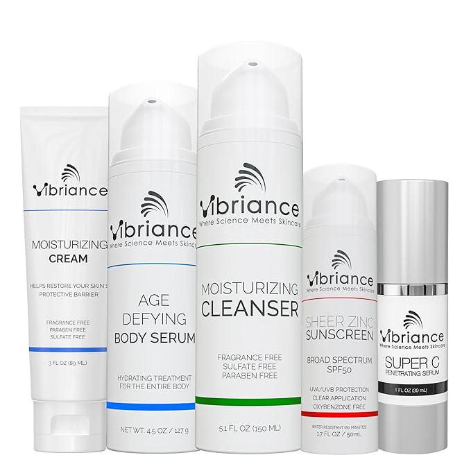 Vibriance Premium Skincare Bundle | Super C All-in-One Serum, Face Cleanser, Moisturizing Cream, Sheer Zinc Sunscreen SPF 50, Age Defying Body Creme - Heal, Hydrate, Protect, Rejuvenate