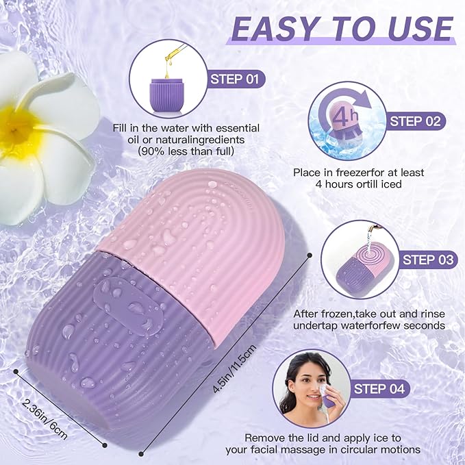 Ice Roller for Face & Eye, Facial Beauty Tool with Gua Sha Massage, Silicone Ice Mold (Purple)