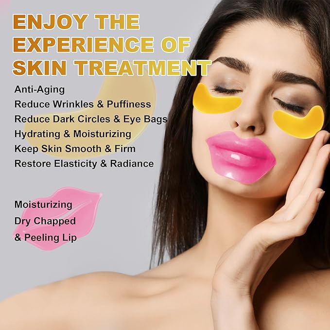 CCbeauty 24 Packs Lip Masks & Eye Mask Bulk,24K Gold Under Eye Patches for Puffy Eyes,Dark Circles,Collagen Eye gel Pads for Eye Bags,Wrinkles | Nourish & Hydrate Dry Chapped Lips Skincare, Pink