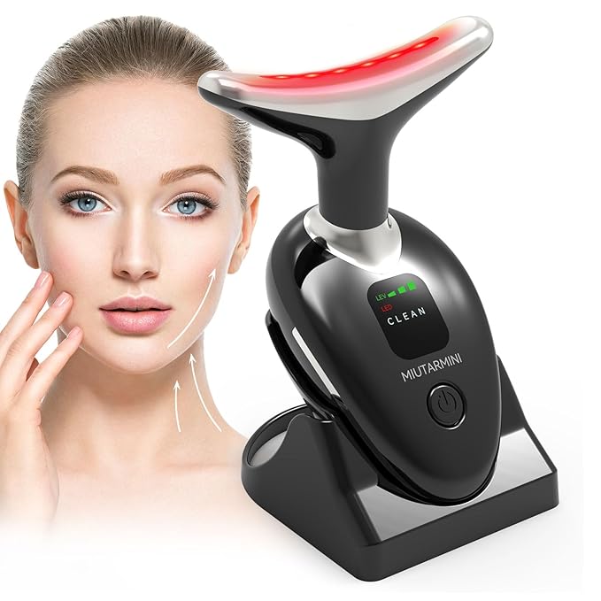 Facial Massager for Face and Neck, Red-Light-Therapy-for-Face and Neck, Face culpting Wand with 7 Color, at-Home Face Tool for Skin Care,Gifts for Women (Black)