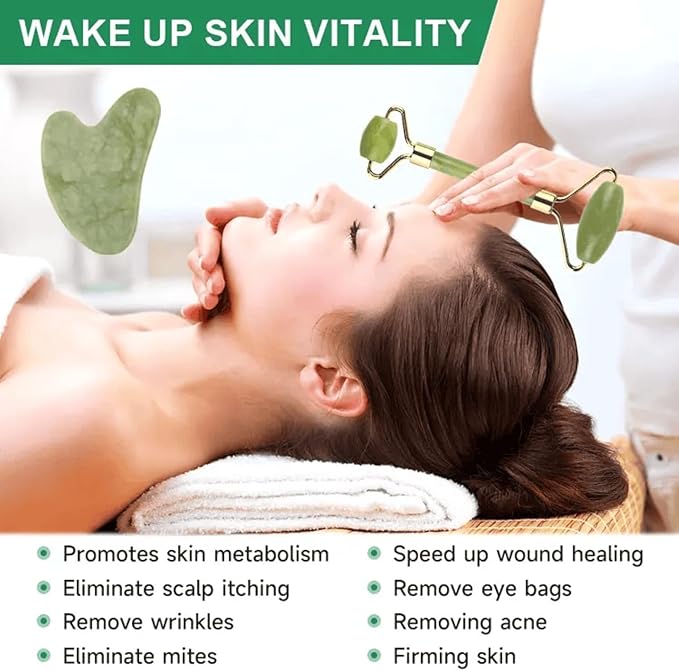 Gua Sha and Jade Roller Set for Facial Massage – Skin Care Tools to Reduce Puffiness and Redness, Perfect Self-Care Gift for Men and Women (Green)