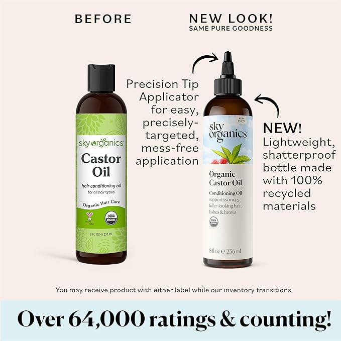 Sky Organics - Castor Oil Organic - Volumizing Hair Oil - Scalp, Lashes, Brows - Pure Castor Oil Cold Pressed - Natural Conditioner - Omega Fatty Acids, Vegan - Beauty, Hair Care - 8oz w ebook