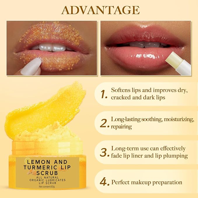 3PCS Turmeric Lip Balm and Turmeric Lemon Lip Exfoliator Scrub with Brush Set, Dark Lips Treatment for Smokers, Natural Exfoliator & Moisturizer Cracked, Dull, Reduce Fine Lines Lips