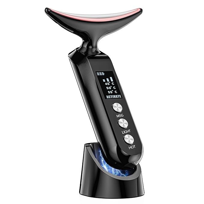 Facial Neck Massager Portable Charging Dock - 3 Heat Settings, Vibrating Face Massage, 9-Color LED Light & 72Hrs Battery | Home Spa Travel Skincare - Black