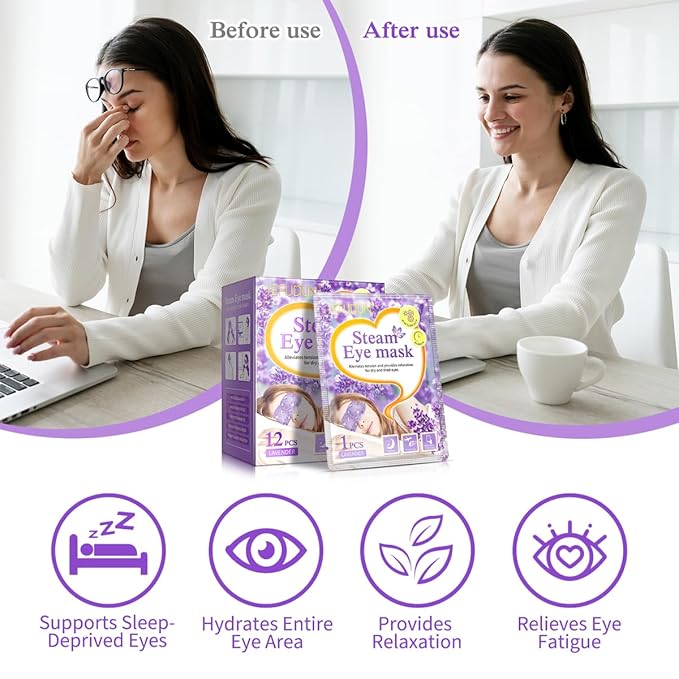 Steam Eye Mask, 12 Pack Lavender Heated Eye Masks, Disposable Moist Heat Compress for Dry Eyes, Warm Sleep Eye Mask for Puffy Eyes and Relief Eye Fatigue