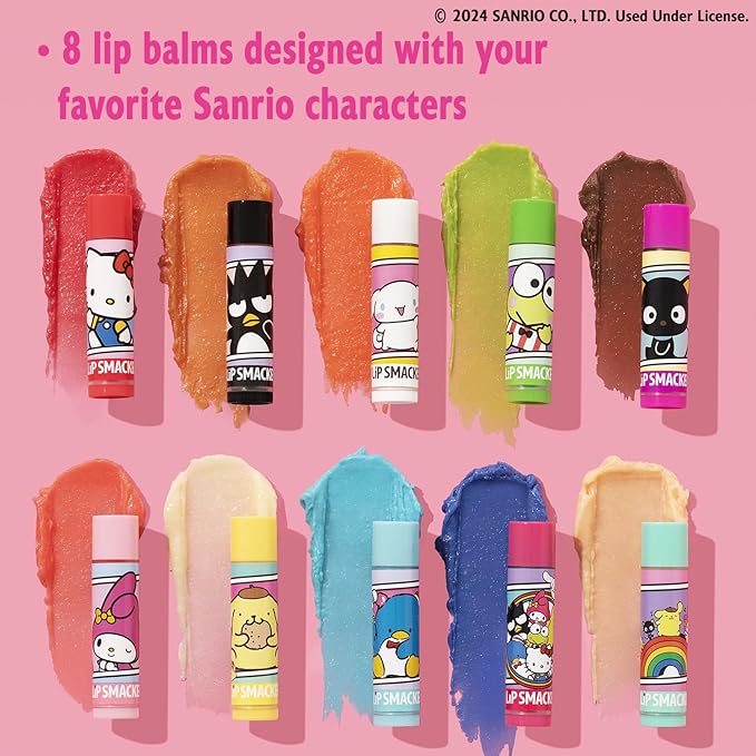 Lip Smacker Sanrio Hello Kitty and Friends 8-Piece Flavored Lip Balm, My Melody, Little Twin Stars, and Chococat, Hydrating & Protecting - Cruelty-Free