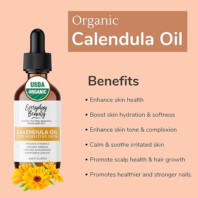 Organic Calendula Oil For Sensitive Skin - USDA Certified 100% Plant Based, Lightweight & Unscented Gentle Soothing Oil For Sensitive Skin - For Face, Skin & All Over - 2.02 Fl Oz Glass & Dropper