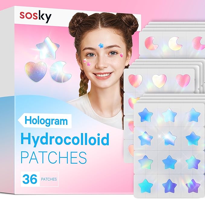Sosky Hologram Pimple Patches for Face, Hydrocolloid Acne Patches with Salicylic Acid, Cute Star Zit Stickers,Colorful Blemish Covers,36 Count Blue Pink Star Heart Moon