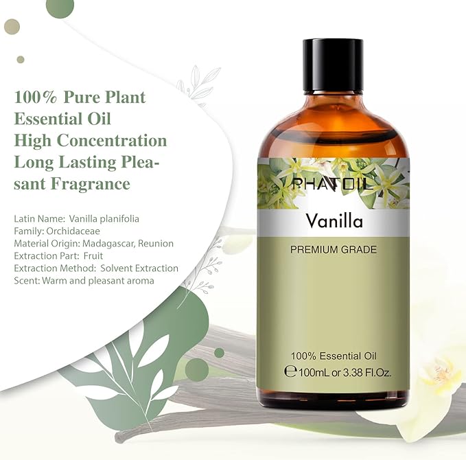 100ML Vanilla Essential Oil, Huge 3.38fl.oz Bottle Vanilla Oil, Pure Aromatherapy Essential Oils for Diffuser, Humidifier, Scented Oils for Soap, Candle Making