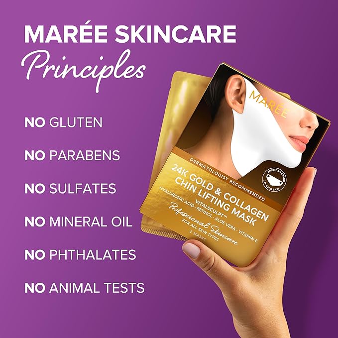 MAREE V Line Lifting Mask with 24K Gold - Deep Collagen Jawline Shaper with Retinol for Face Lift - Facial Skincare Chin Strap - Hyaluronic Acid, Vitamin E | V Lifting Face Mask