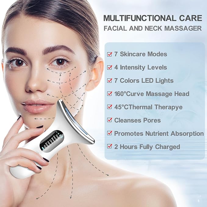 Face and Neck Massager Tool, Portable Facial Beauty Device, Facial Massager Wand with 7 Color Multifunction for Skin Care (Bright White)