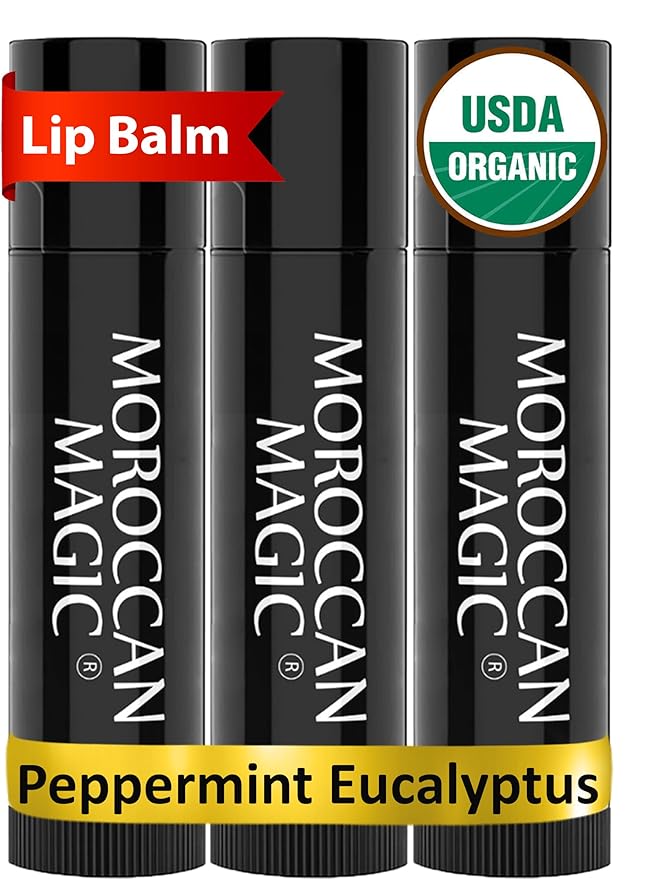 Moroccan Magic Organic Peppermint Eucalyptus Lip Balm 3 Pack | Chapsticks for Dry Lips | Natural Argan & Essential Oils Lip Moisturizer + Vitamin E | Smooth, Hydrating, Non-Toxic | Organic Lip Balm