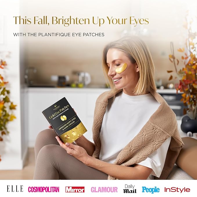 PLANTIFIQUE Gold Under Eye Patches for Puffy Eyes and Dark Circles 20+5 Pairs Under Eye Masks for Dark Circles and Puffiness Eye Gels with Collagen & Caffeine Anti Aging Gold Eye Mask Skincare