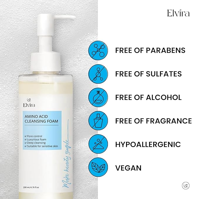 Elvira Gentle Foaming Hydrating Facial Cleanser, Face Wash for Oily Skin and Sensitive Skin, Pore Deep Cleansing, Makeup Remover, Non-Comedogenic, Fragrance Free, Soap Free & Paraben Free, 6.76 fl oz