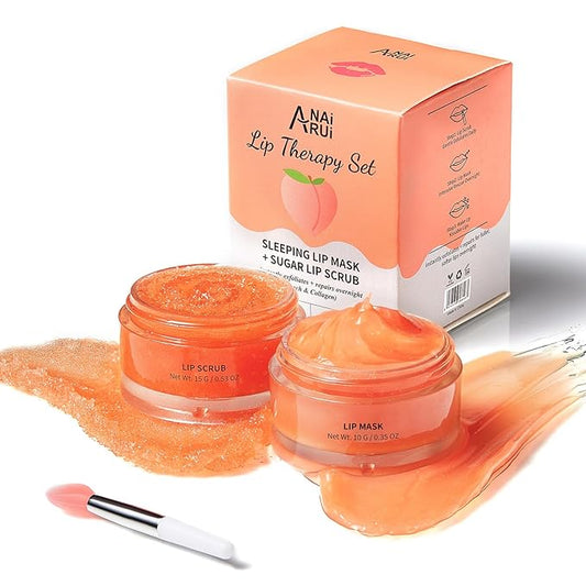 ANAI RUI Lip Mask & Lip Scrub Set, Lip Care Kit, Gift For Mother Girls, Overnight Lip Treatment with Lip Sleeping Mask & Sugar Lip Exfoliator Scrub, Lip Moisturizer for Dry, Chapped, Dark Lips, Peach