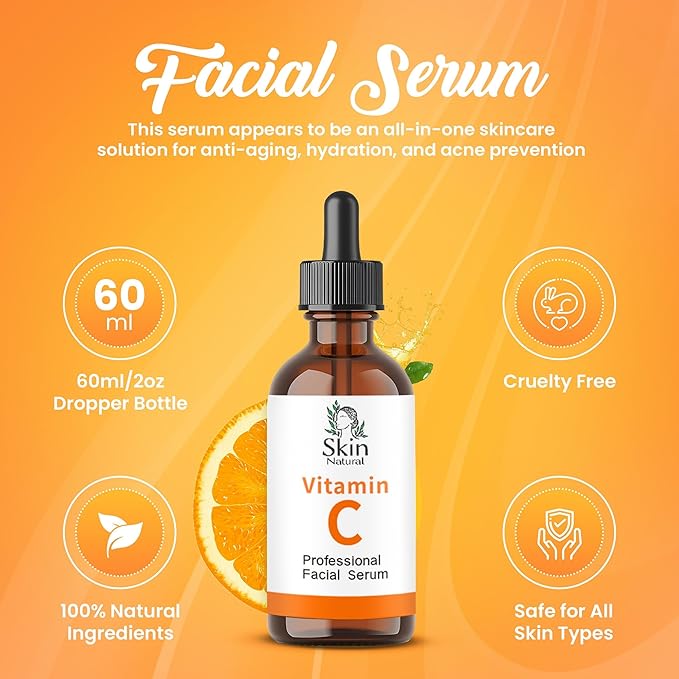 Skin Natural's Vitamin C Facial Serum - Anti-Aging, Brightening & Hydrating - Hyaluronic Acid, Retinol & Vit E - Fades Dark Spots - for All Skin Types, 2 Fl Oz
