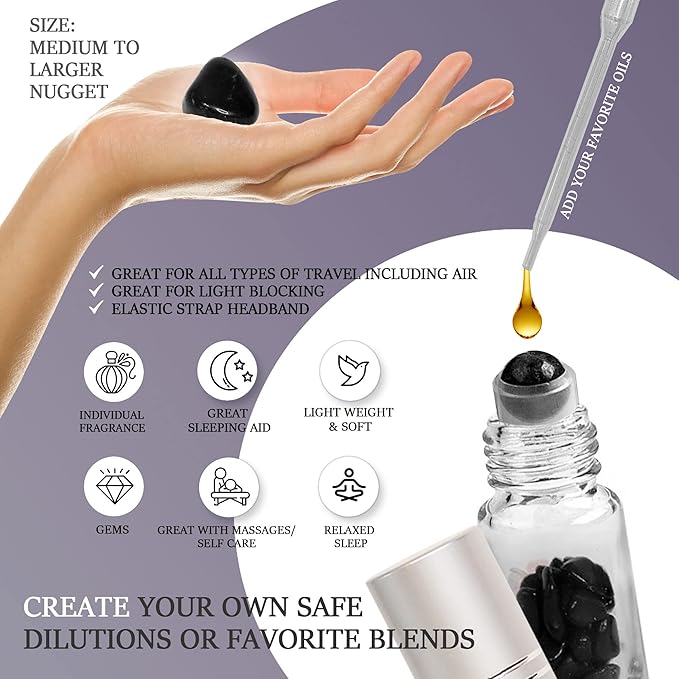 Silk Sleep Mask Black - Organic Mulberry Silk Hypoallergenic Sleeping Mask Gift Set with Obsidian Pendant Necklace, Essential Oil Roller Bottle, and Black Obsidian Crystal Kit Meditation