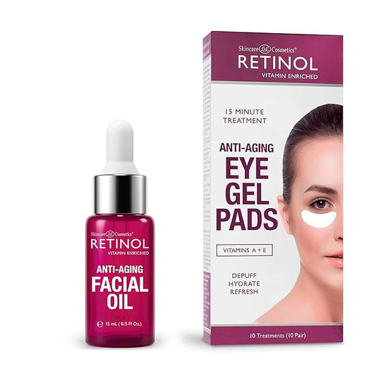 Retinol Anti-Aging Facial Oil – With Nine Essential Oils, Restores Hydration and Nourishment Anti-Aging Eye Gel Pads – Soothing Vitamin A Reduces Puffiness & Refreshes the Under Eye Area.