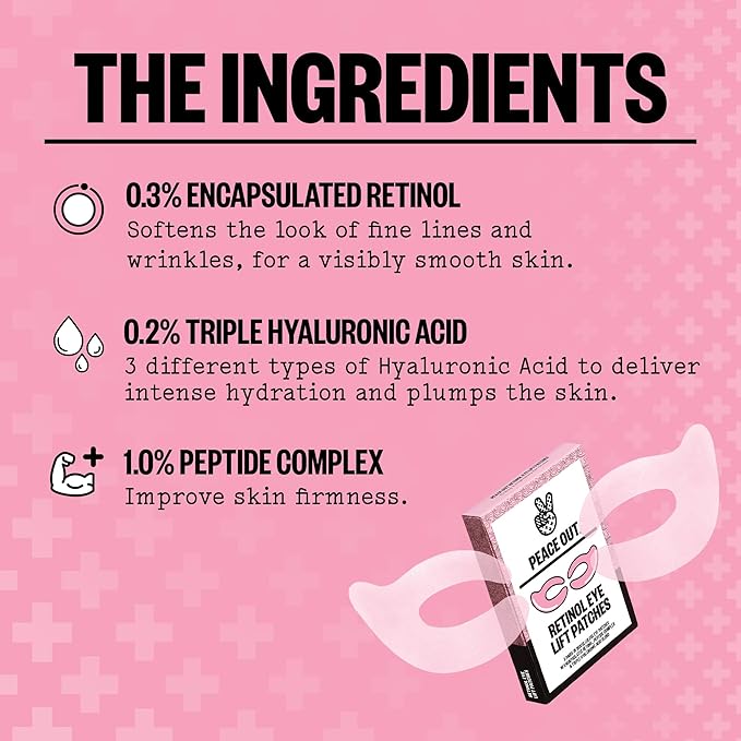 PEACE OUT Retinol Eye Lift Patches to Lift, Firm and Revitalize Tired Eyes, 360° Coverage Targets Fine Lines & Wrinkles, 5 Pack