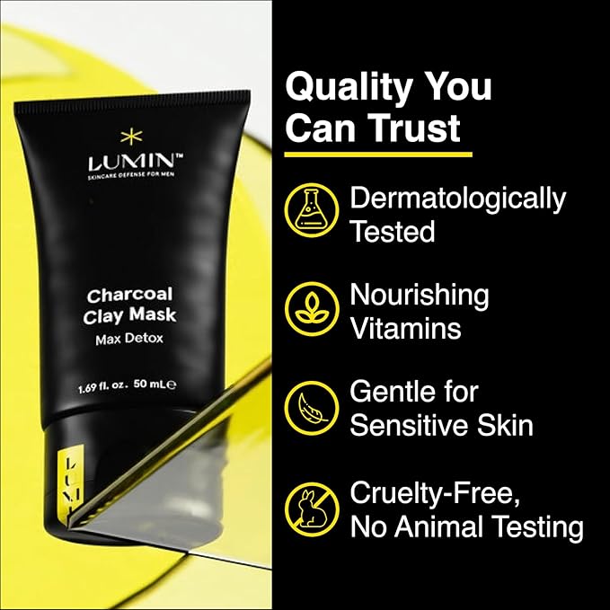 Lumin - Charcoal Clay Mask Max Detox for Men - Prevent Blackheads, Shrink Pore Appearance, Made with Kaolin and Bentonite Clay, Gentler Than Pore Strips, Suitable for All Skin Types, 50ml