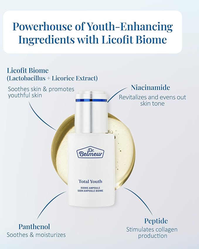 Total Youth Biome Ampoule (1.2fl oz) - Premium Serum for Wrinkles, Elasticity & Hydration. Korean Skin Care by LG Beauty. Collagen, Panthenol, Niacinamide, Licorice.