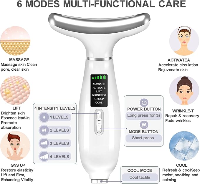 Youngfocus Face-Neck Massager, Vibration, Cooling and Thermal Functions for RedLight Therapy Skin Care, Anti-Aging Facial Massager Wand Improve, Lift, Tightening and Smooth (White)