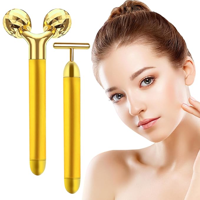 Face Massager Electric Skin Care Tool, 24k Golden T Shape Beauty Bar & 3D Roller Massager, Vibration Facial Lifting and Body Treatment Tool Kit, Reduce Puffiness Improve Wrinkles Anti Aging Device