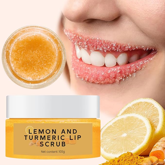 Turmeric Lemon Lip Scrub, Turmeric Lip Exfoliator with Aloe Vera Gentle Exfoliant Natural Lip Scrub for Dry, Chapped, Reduce Fine Lines Lip 100g