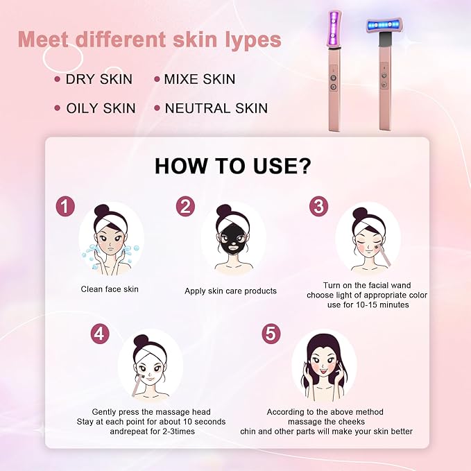 Red Light Therapy for Face, 6 in 1 LED Light Therapy Eye Equipment for Skin,Face Wand with Facial Massager, Skincare Facial Wand,Vibration, Thermal, Microcurrent，Portable Beauty Tools