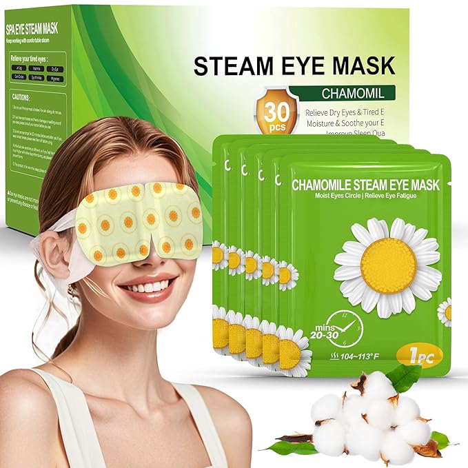 30 Packs Steam Eye Mask Chamomile, Heated Eye Masks Relaxing Gifts for Women Soothing Eye Fatigue Hot Sleep Mask, Warm Eye Compress for Dry Eyes, Disposable Eye Mask for Travel Essentials
