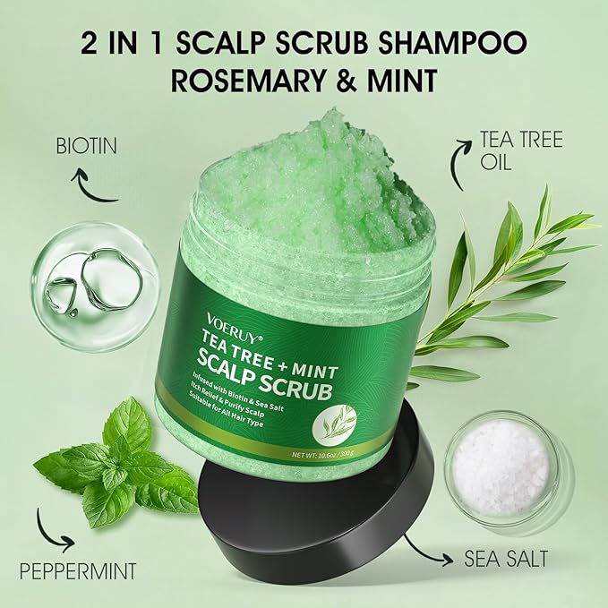 Scalp Scrub, Tea Tree Scalp Exfoliator Scrub Shampoo, 2-in-1 Scalp Treatment with Mint Oil, Hair Treatment to Clarify and Remove Build up with Silicone Scalp Massager, 10.6oz/300g