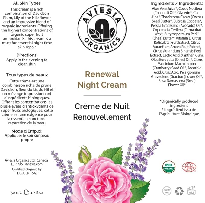 Renewal Night Cream - USDA Certified- NO Alcohol. NO Parabens. NO Artificial Fragrance. Deep Moisturizer for Hydrating.Repairing.Replumping .Perfect for dry skin (60ML)