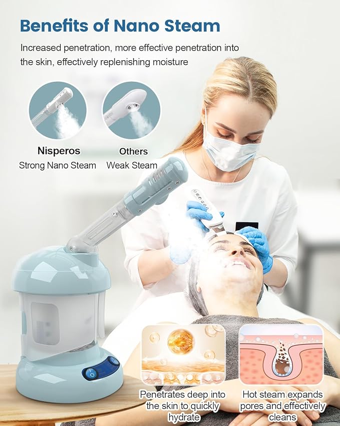 Nisperos Nano Ionic Facial Steamer - 360° Rotatable Sprayer - 40 Minutes Warm Mist - Humidifier - Professional Face Steamer for Facial Deep Cleaning (Light Blue)