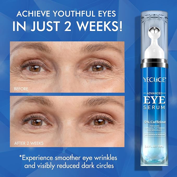 5% Caffeine Peptide Eye Serum, Under Eye Roller Cream for Dark Circles, Puffiness, Bags Under Eyes - 360° Massage Ball Cream for Wrinkles, Fine Lines and Firming (Blue)