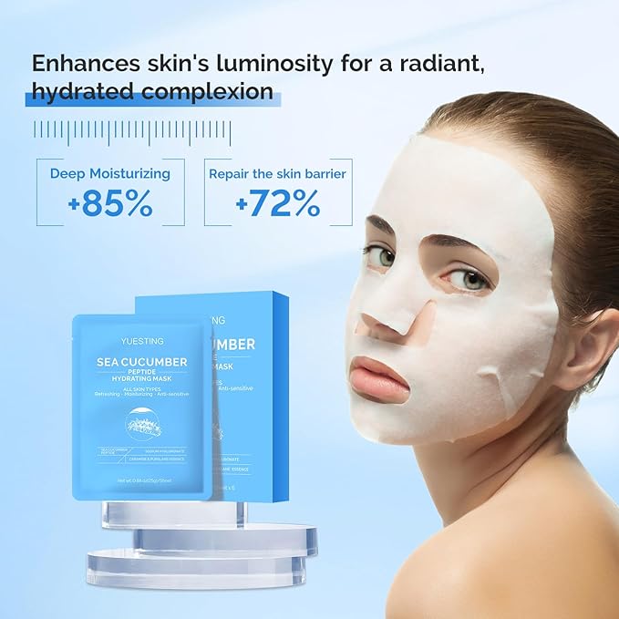 Face Mask Skincare 6 Pack,Sea Cucumber Peptide Facial Masks,Sodium Hyaluronate Ceramide Formulated Facial Masks Deep Moisturizing Face Masks