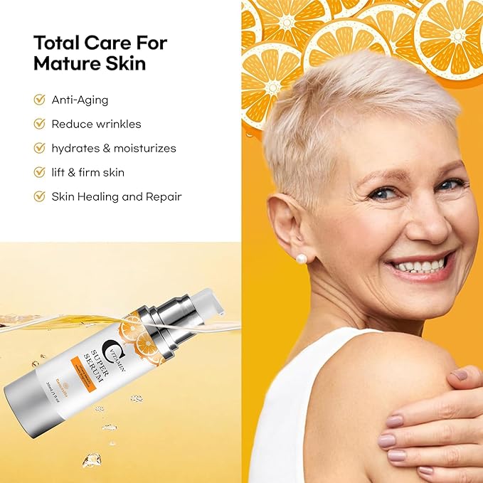 Super Vitamin C Face Serum for Mature Skin: Hyaluronic Serum for Dark Spots Fine Lines Wrinkles All-in-One Formula Hydrates Firm Smooth Age-Defying Serum for Women Over 50-1 fl oz