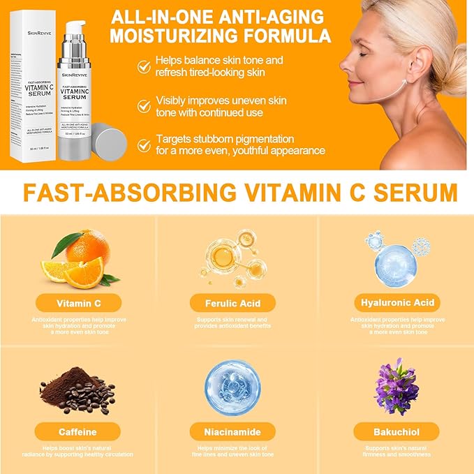 SkinRevive Vitamin C Serum for Women over 70, Vitamin C Serum for Mature Skin Face Hydrates, Firms, Lifts, Targets Age Marks, Wrinkles and Smoothes Skin Texture 1.69 fl oz Pack of 2