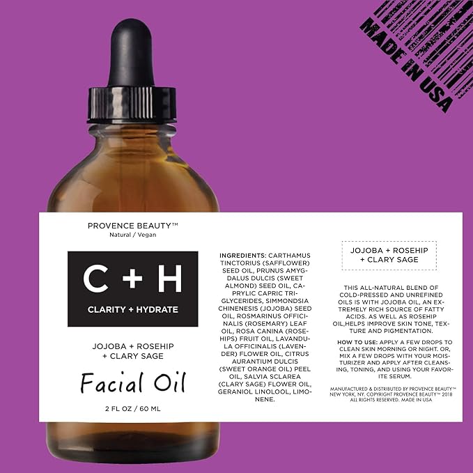 | Clarify + Hydrate Facial Oil - Cold Pressed Jojoba + Rosehip + Clary Sage Oils - Anti-Wrinkle Solution - 2 OZ