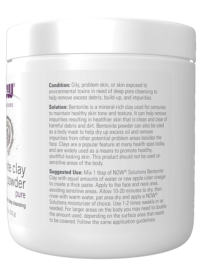 NOW Foods Solutions, Bentonite Clay Powder, Pure Powder for Face and Body, Great for Oily Problem Skin, 11-Ounce
