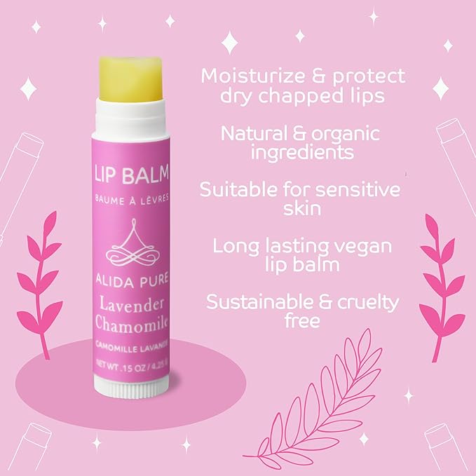 Lavender Chamomile Lip Balm Collection, Vegan Lip Balm Set, Beeswax Free, with Avocado Oil, Organic Jojoba Oil, and Vitamin E, Natural Moisturizer for Dry, Chapped Lips, 3 Tube Set