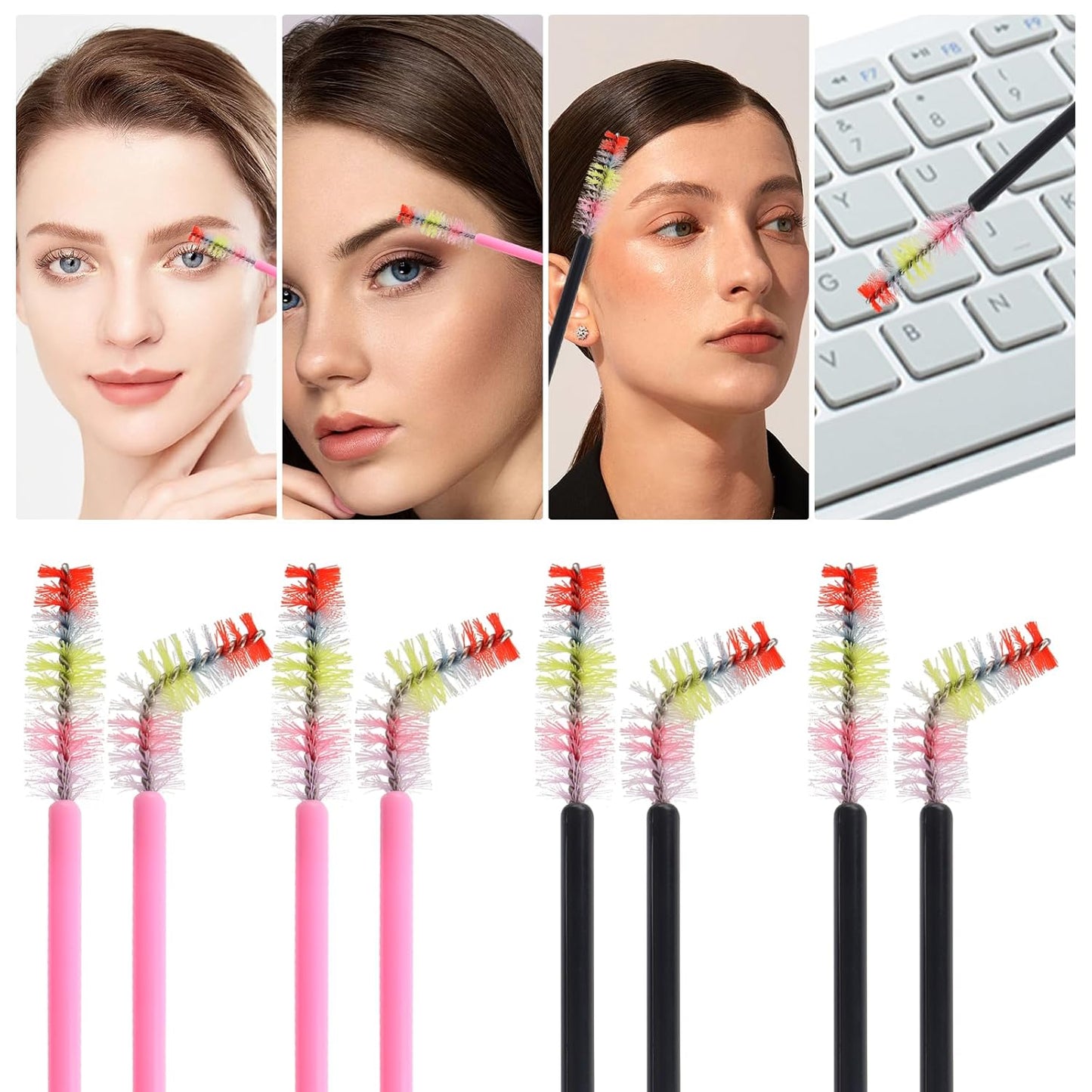 300PCS Disposable Mascara Wands Spoolie Makeup Kits, Eyelash Spoolies Brushes for Eyelash Extensions and Eyebrows (Rainbow Pink/Black)
