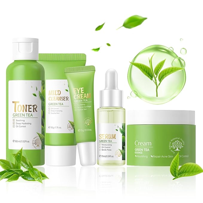 Skin Care Set, Green Tea Skin Care Sets & Kits, Skin Care for Teenage Girls Gift Set with Cleanser, Toner, Serum, Eye Cream, Facial Cream, Facial Skin Care Sets & Kits for Teenage Girls Women