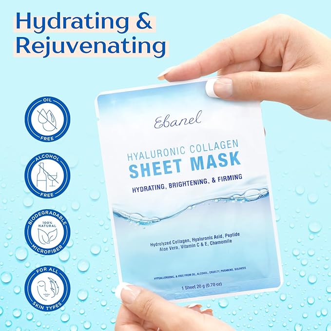 Ebanel 10 Pack Collagen Peptide Hydrating Face Masks, Instant Brightening Firming Anti Aging Face Sheet Masks, Moisturizing Spa Facial Mask Skincare with Hyaluronic Acid, Vitamin C, Chamomile, Aloe
