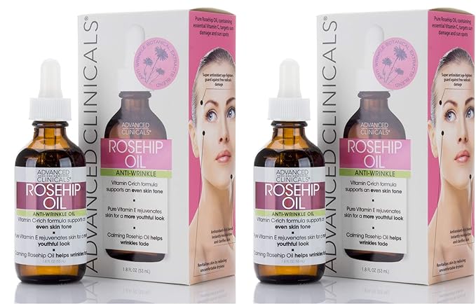 Advanced Clinicals Rosehip Oil For Face With Vitamin E + Botanicals Helps Improve Look Of Dark Spots, Wrinkles, Fine Lines, & Uneven Looking Skin Tone | Moisturizing Skin Care Face Serum, 2-Pack