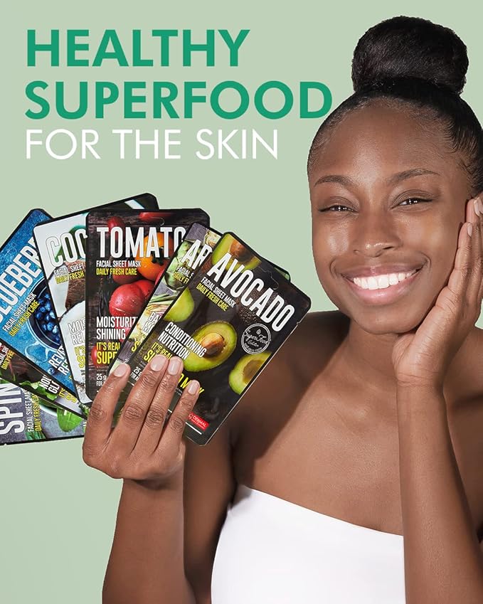 DERMAL Superfood Daily Fresh Care Assorted Sheet Mask Mega 10 Pack- Facial Sheet Mask for Glowing Refreshing Skin - Moisturizing Sheet Masks for All Skin Types' Face Enriched with Natural Ingredients