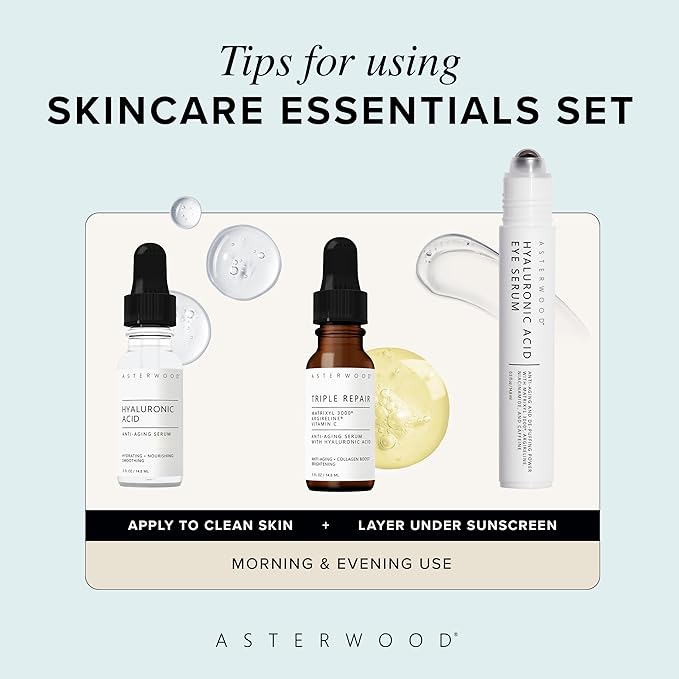 Asterwood Skin Care Set - Mothers Day Gifts For Mom - with Hyaluronic Acid & Triple Repair Serums, Under Eye Serum - Skincare Essentials - Hydrating, Moisturzing, Anti-Aging - Fragrance-Free