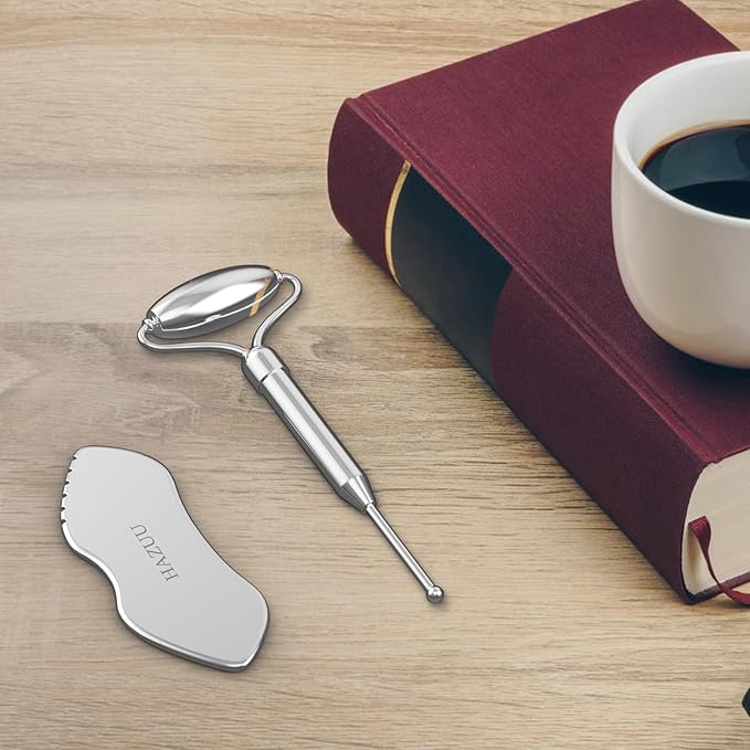 Stainless Steel Gua Sha Face Rollers&Acupuncture Pen - Metal Roller for Eyes & Neck, Anti-Aging Facial Massage Tools, Gua Sha Facial Tool Kit (JGS-2)