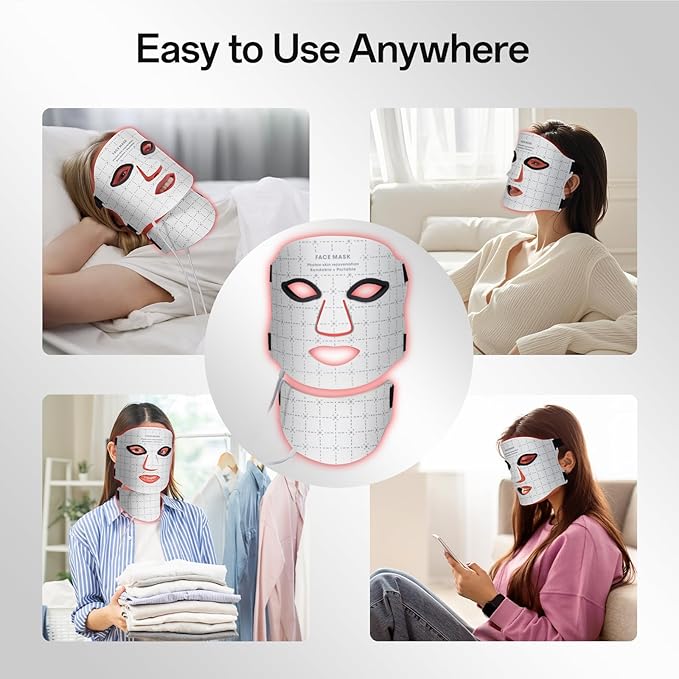 Red Light Mask for Face and Neck - Facial Skin Care Device, Portable, Lightweight, Rechargeable and Ergonomic Design for Home (White)