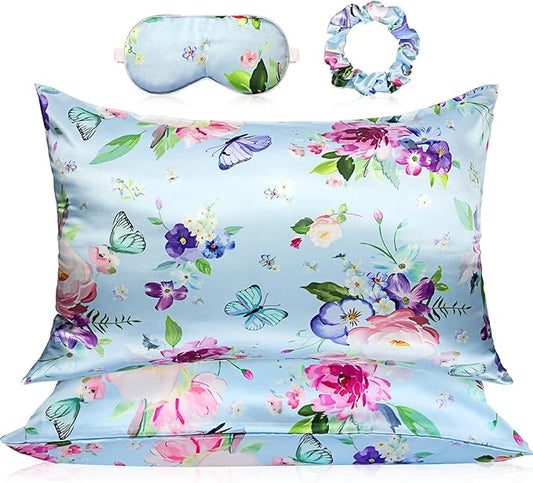 2 Pack Satin Pillowcase with Latent Zipper, Adjustable Satin Eye Mask for Sleeping and Satin Volume Scrunchie for Hair and Skin, Standard Size (Light Blue,Flower Style)