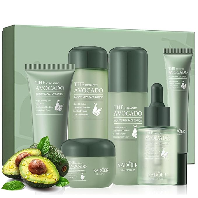 6pcs Avocado Skincare Kit, Skin Care Gift Set with Facial Cleanser, Toner, Lotion, Face Serum, Face Cream, Eye Cream For Hydrating Skin, Anti-Aging Skin For Women Teen Girls (Large, 6, Count)